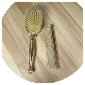 Vintage Gold Painted Metal Floral Hairbrush and Comb Set